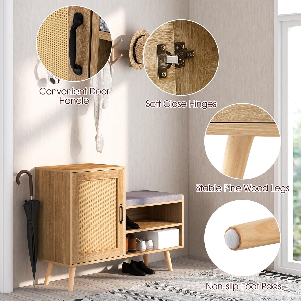 Goflame Shoe Cabinet with Shoe Bench - Rattan Shoe Storage Cabinet, Shoe Rack Organizer for 10-12 Pairs