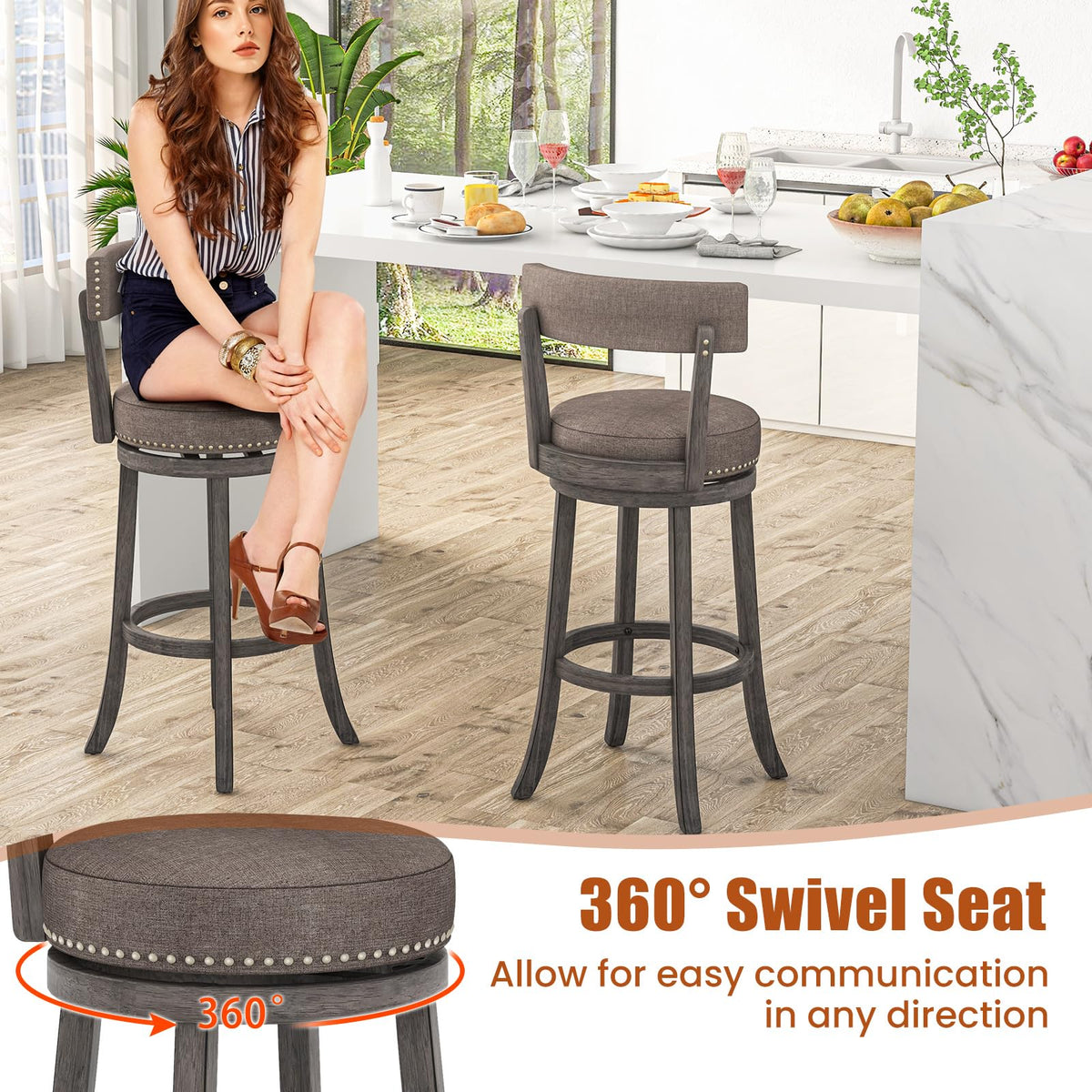 Goflame 31" Bar Stools Set, Swivel Bar Height Bar Chairs with Footrest, Rubber Wood Frame