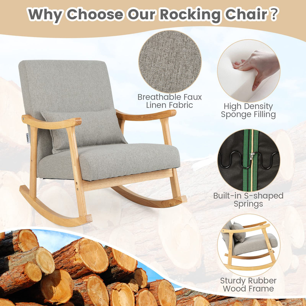 Goflame Upholstered Rocking Chair - Modern Rocker with Rubber Wood Frame, Comfy Backrest & Seat