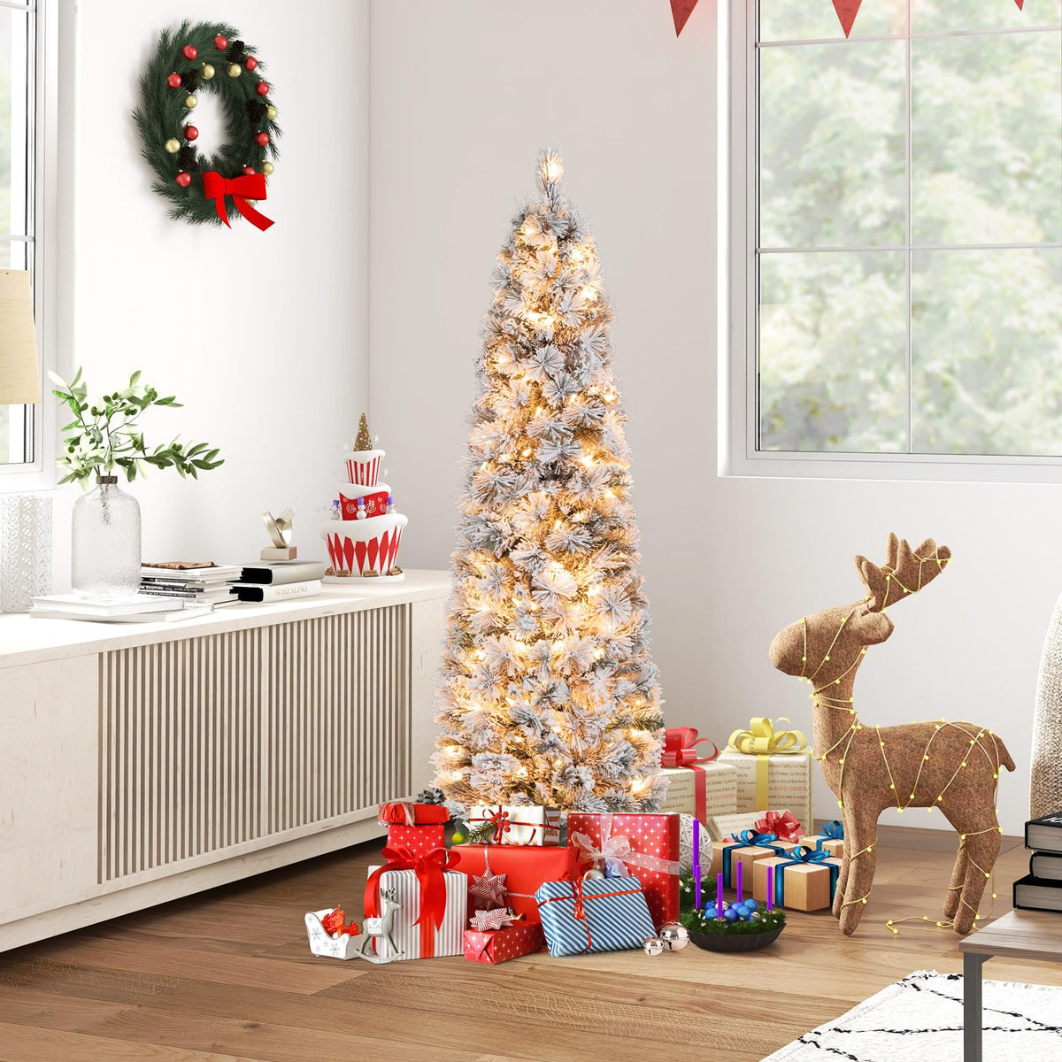 Goflame Pre-Lit Snow Flocked Pencil Christmas Tree for Home Office Holiday Decor