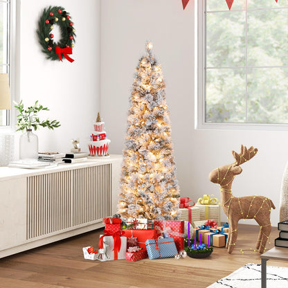 Goflame Pre-Lit Snow Flocked Pencil Christmas Tree for Home Office Holiday Decor