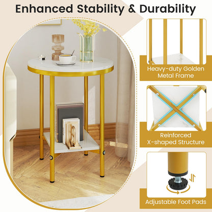 Goflame Round Side Table 2-Tier Faux Marble Sofa Side Coffee Table w/Gold Frame & Open Shelf