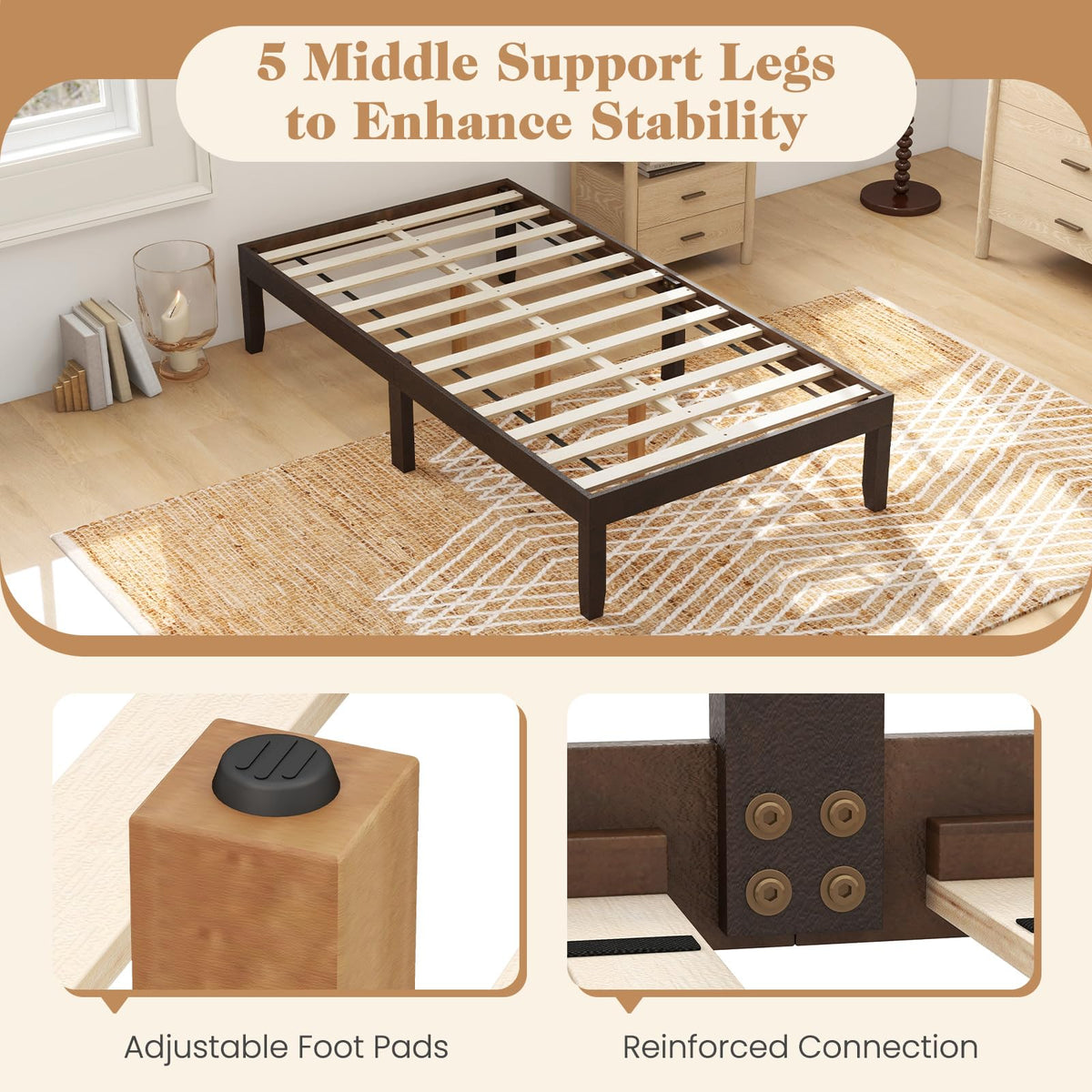 Goflame 14 Inch Twin Wood Platform Bed Frame, Minimalist Twin Bed Frame with Wooden Slats Support & Rubber Wood Legs