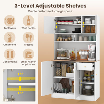Goflame Kitchen Pantry Cabinet, 71” Tall Buffet Cabinet with Hutch, Built-in Power Outlet