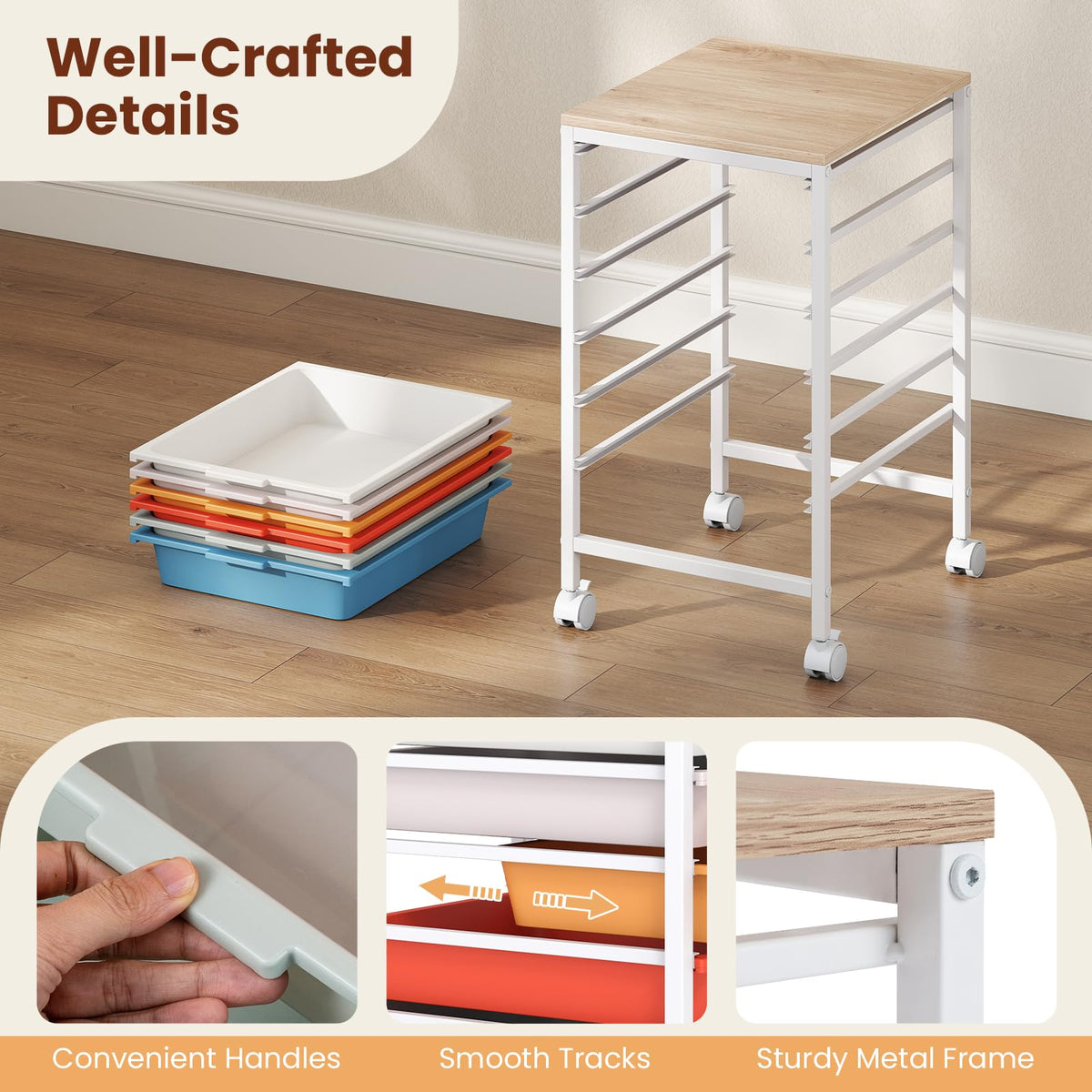 Goflame 6-Drawer Rolling Storage Cart with Wooden Tabletop