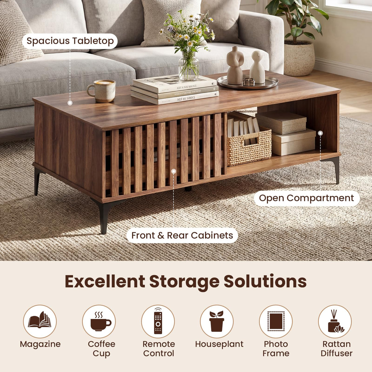 Goflame 47 Inch Wood Mid Century Coffee Table with Storage
