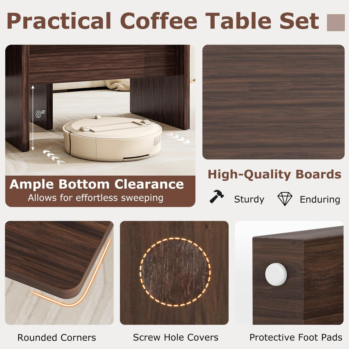 Goflame L-Shaped Coffee Table Set of 2 Modular Nesting Center Table with Grain Finish