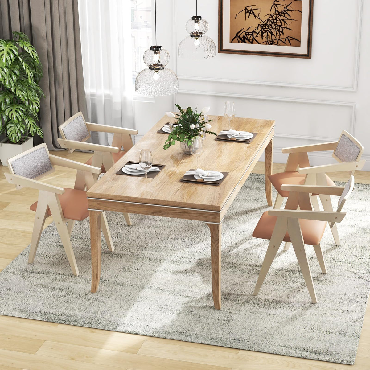 Goflame Wooden Dining Chairs Set of 2, Mid Century Upholstered Kitchen Chairs w/Leathaire Seat Cushions