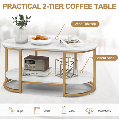 Goflame White Marble Coffee Table - Modern 2-Tier Center Table w/Open Storage Shelf