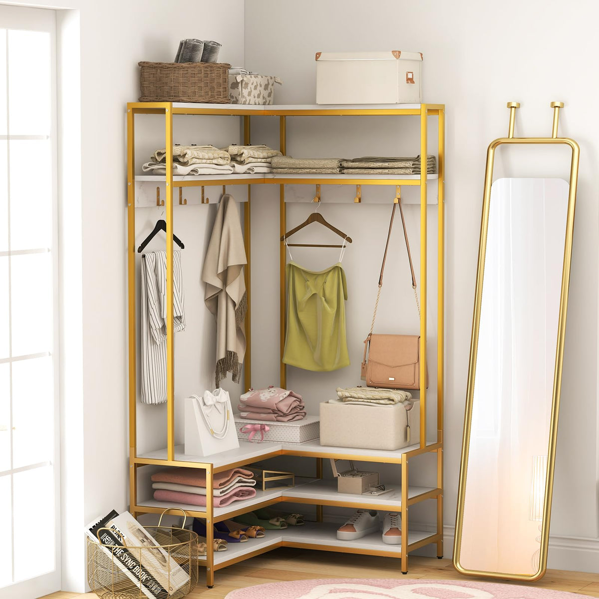 Goflame Corner Coat Rack with Shoe Bench, L-shaped Garment Rack with 5 Shelves & 7 Hooks