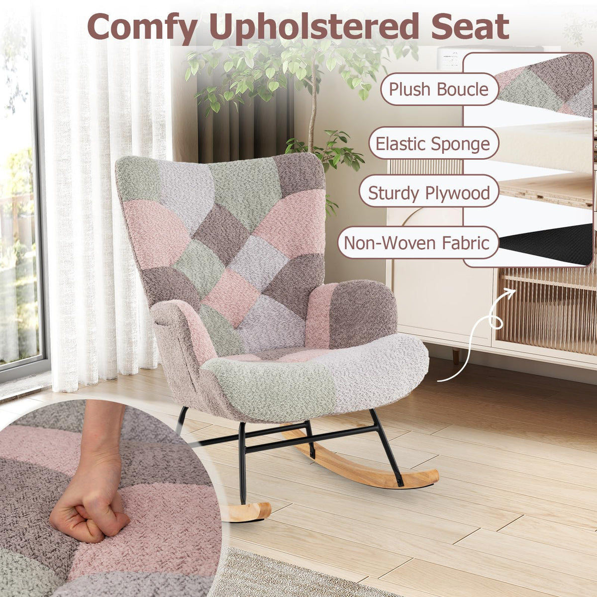 Goflame Rocking Chair Nursery Teddy Upholstered Glider Rocker w/Ergonomic High Backrest