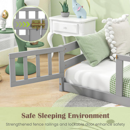 Goflame Twin Floor Bed with Door & Fence, Kids Wood Montessori Bed with Safety Guardrails