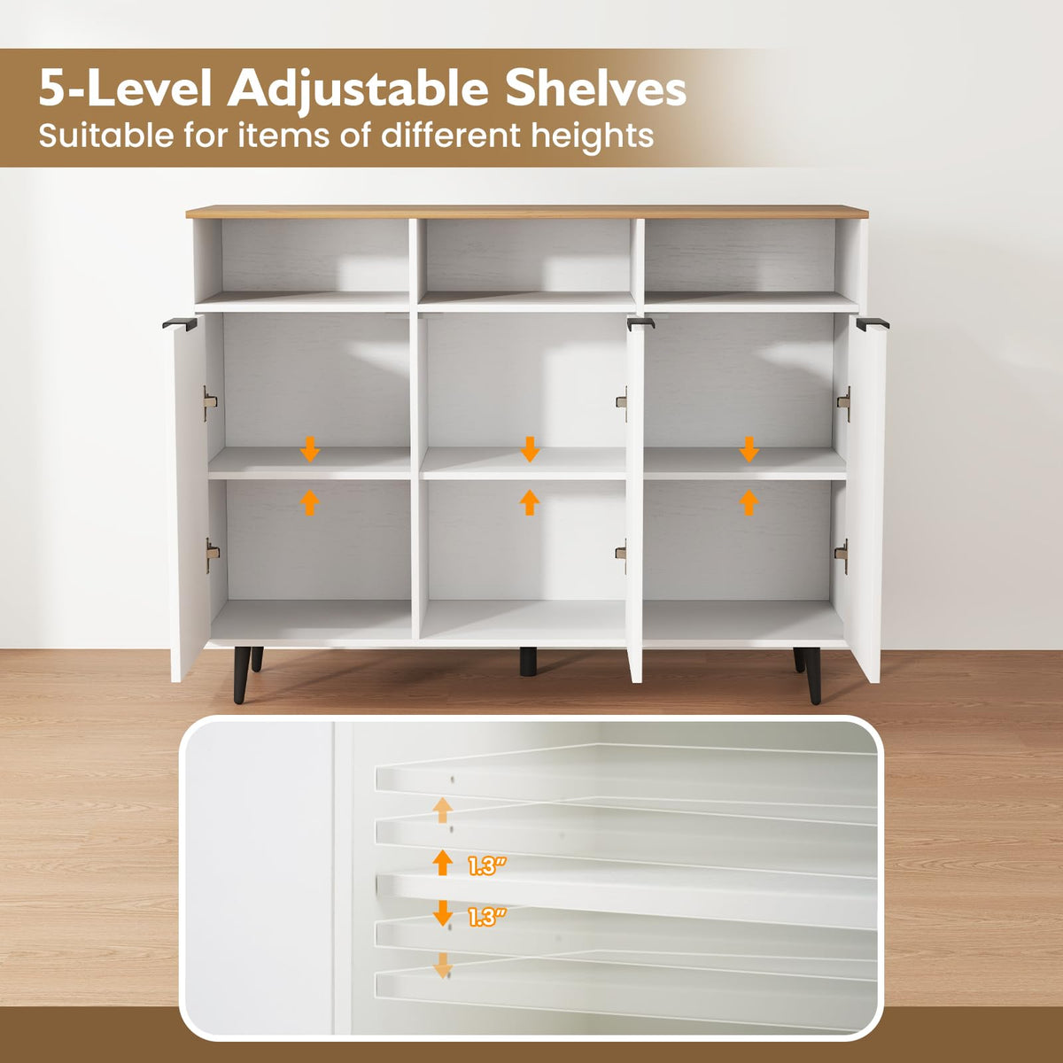 Goflame Sideboard Cabinet - 47” Buffet Cabinet with Storage Compartments, Countertop
