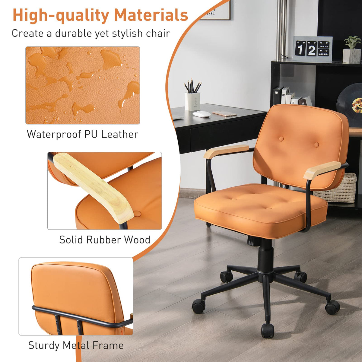 Goflame Home Office Chair, Height Adjustable PU Leather Desk Chair w/Rocking Backrest, Orange