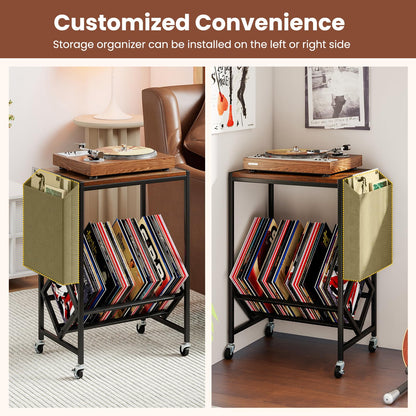Goflame Rolling Record Player Stand 2-Tier with Vinyl Storage and Magazine Holder Bag