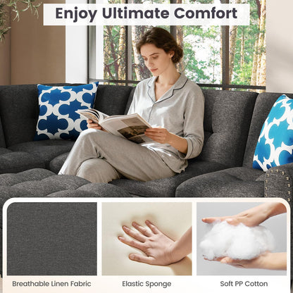Goflame 98 Inches Sectional Sofa Couch with Movable Storage Ottoman and Linen Fabric Backs