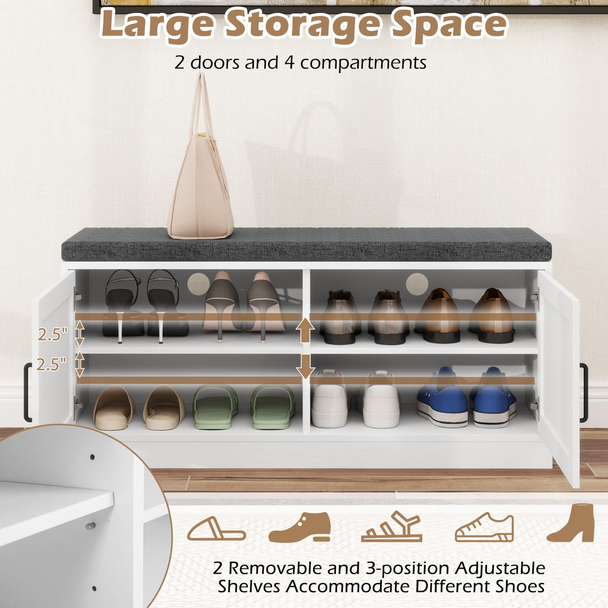 Goflame Shoe Storage Bench with Cushion, 2-Tier Entryway Bench w/2 Barn Doors & 2 Adjustable Shelves