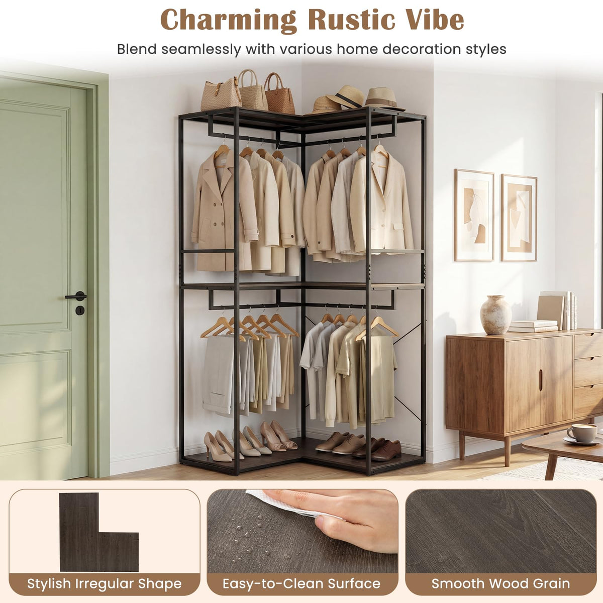 Goflame Heavy Duty Clothes Rack | 3-Tier L-Shaped Garment Rack w/3 Open Shelves & 2 Hanging Racks