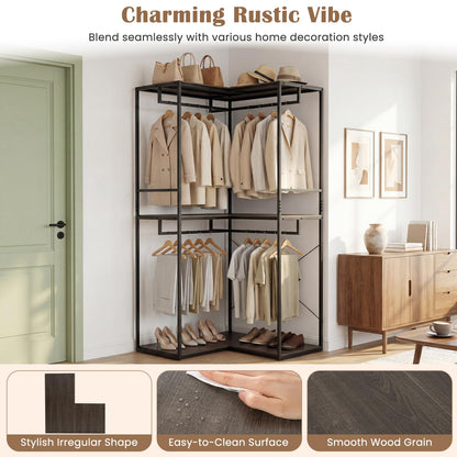Goflame Heavy Duty Clothes Rack | 3-Tier L-Shaped Garment Rack w/3 Open Shelves & 2 Hanging Racks