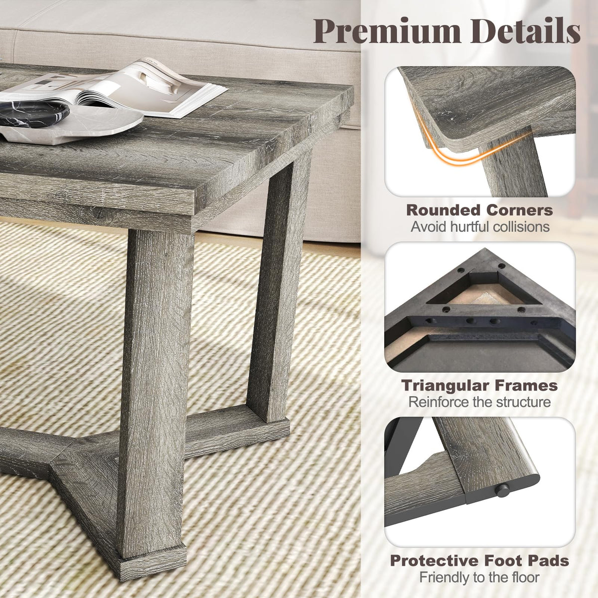 Goflame Farmhouse Wood Coffee Table with Cross-Shaped Base & Rubber Wood Frame
