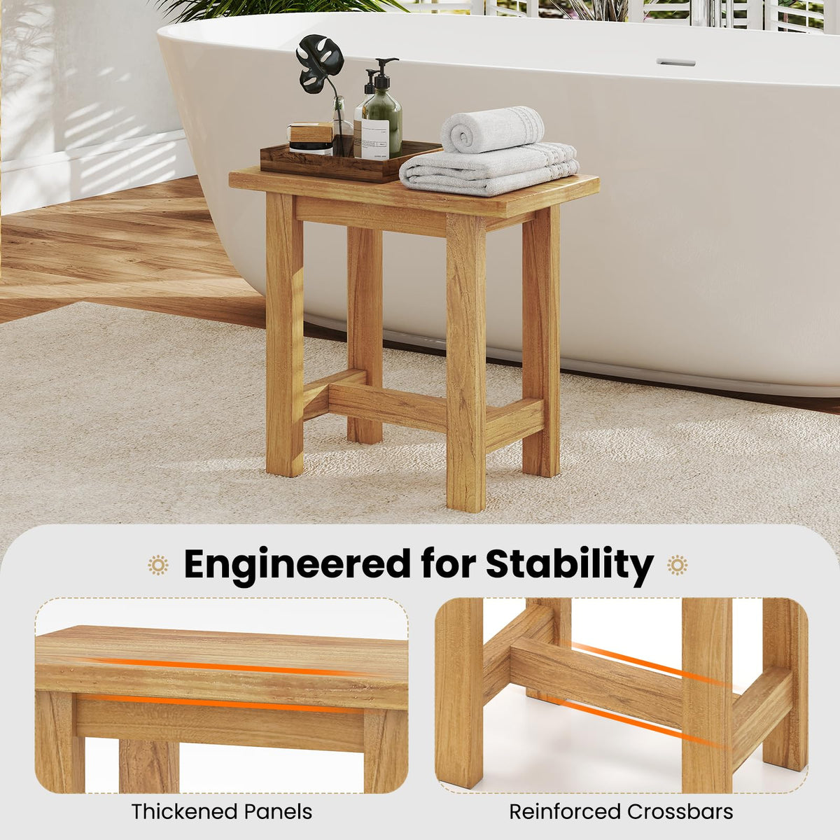 Goflame Teak Shower Bench Stool with Waterproof Spa Bath Seat for Seniors 20''L x 11''W x 18.5''H