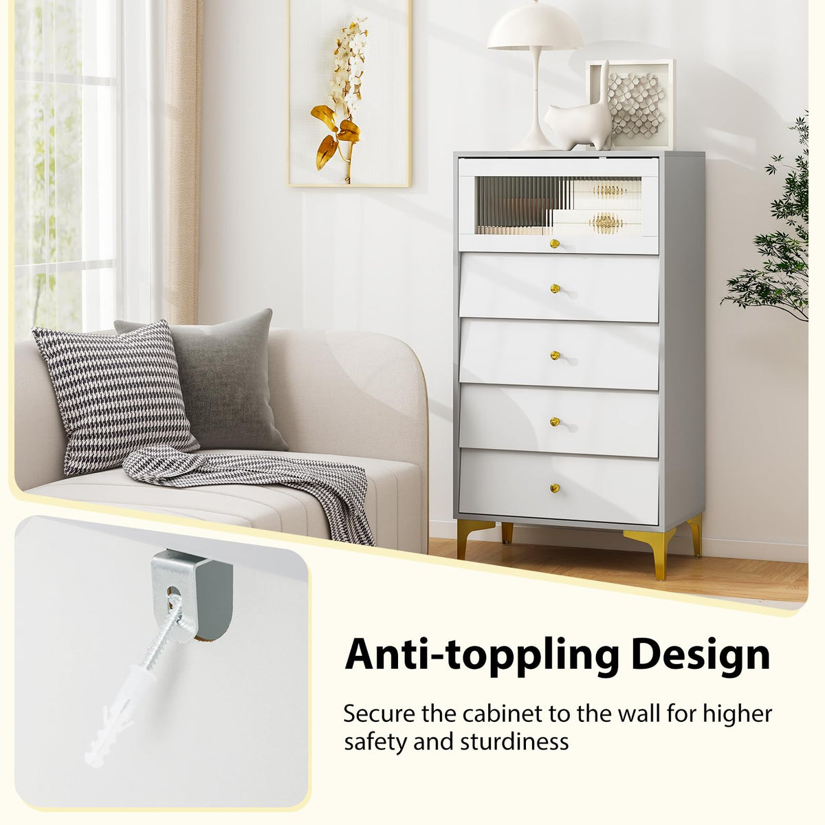 Goflame 4-Drawer Dresser with Flip Up Fluted Glass Door