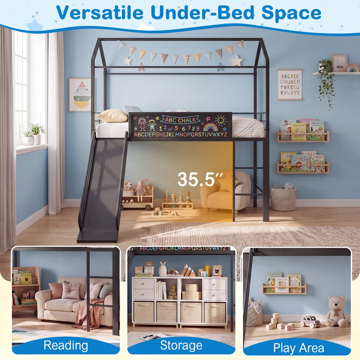 Goflame Twin Size House Loft Bed | Low Loft Bedframe w/Roof