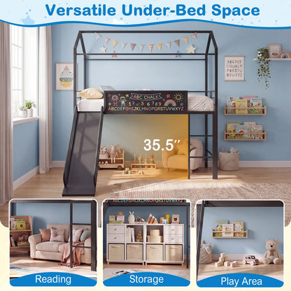 Goflame Twin Size House Loft Bed | Low Loft Bedframe w/Roof