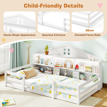 Goflame Montessori Floor Bed with LED Lights 2-in-1 Wooden House Bed Frame with Safety Guardrails