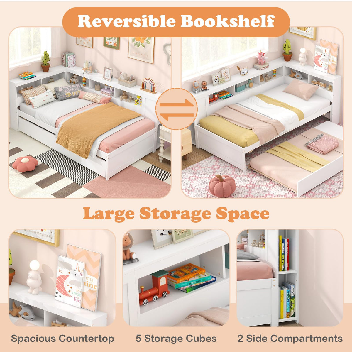 Goflame Twin Daybed with Trundle, Wood Twin Bed Frames with Storage Headboard, Reversible Bookcase
