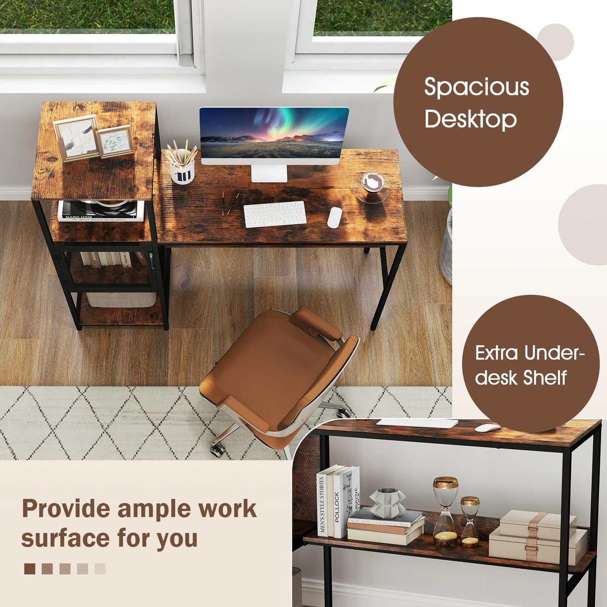 Goflame Modern Computer Workstation Home Office Desk with Storage Cabinet and Shelves