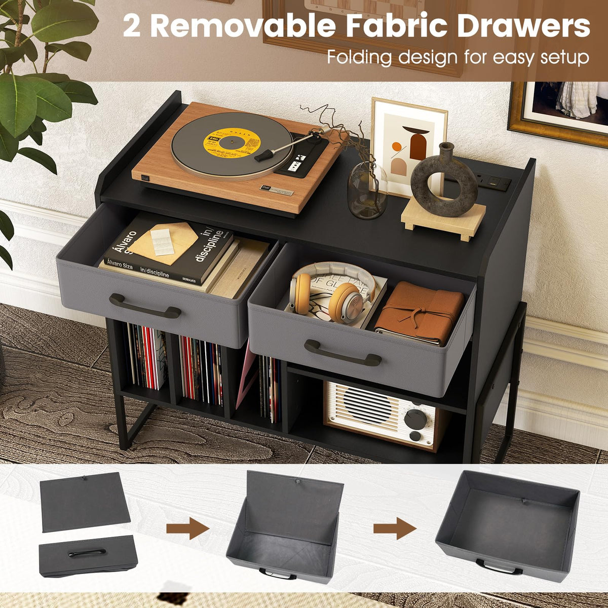 Goflame Large Record Player Stand with Charging Station Mid Century Modern Vinyl Storage Cabinet