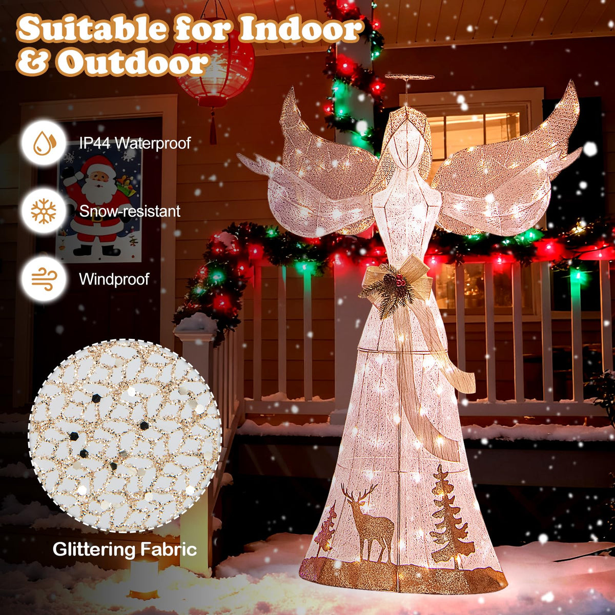 Goflame Pre-lit 3D Glittered Angel with 100 Warm White Lights Halo Bow Ground Stakes