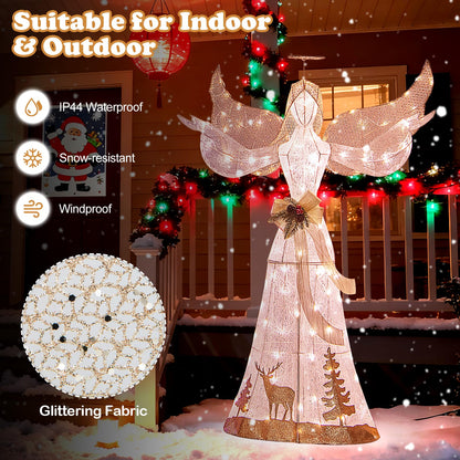 Goflame Pre-lit 3D Glittered Angel with 100 Warm White Lights Halo Bow Ground Stakes