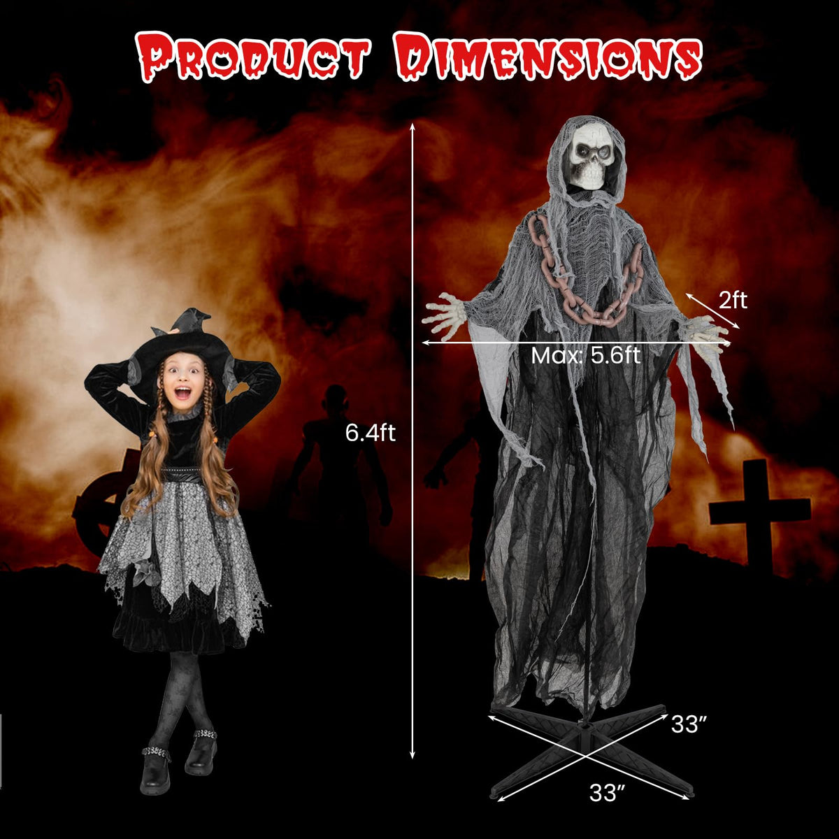 Goflame 6.4 FT Halloween Animatronic Standing Grim Reaper, Halloween Decoration with Chain