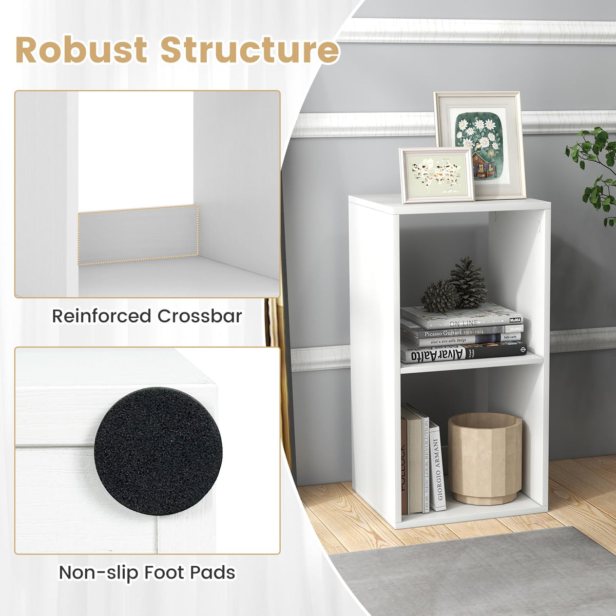 Goflame 2-Cube Bookcase, White Cubby Bookshelf w/Back Guardrail & Anti-Tipping Kits