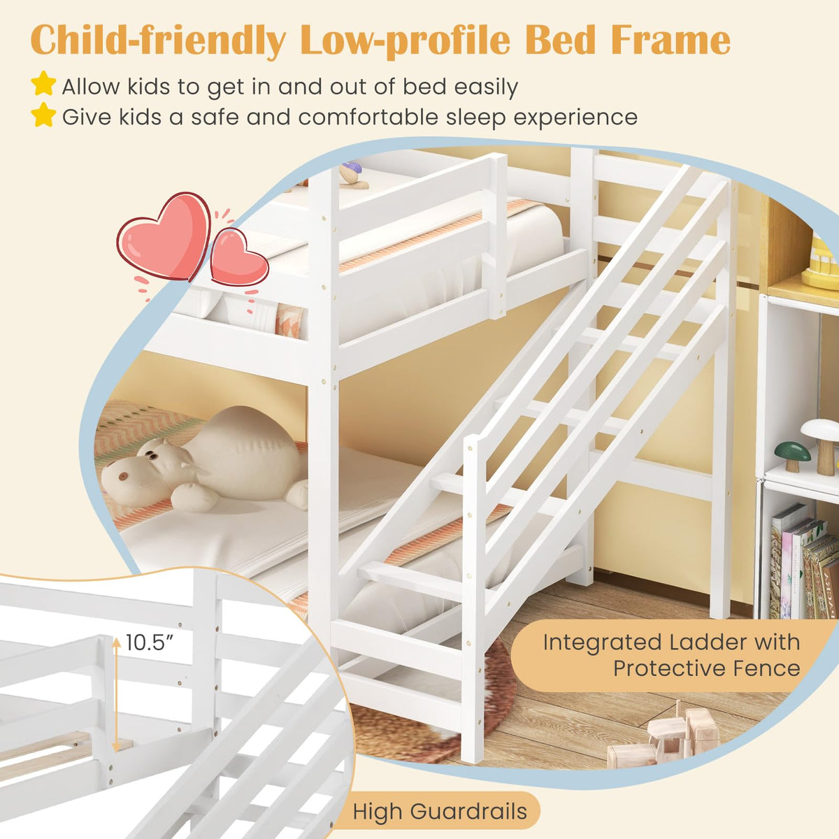 Goflame Twin Bunk Beds with Stairs, Floor House Bed with Roof & Window
