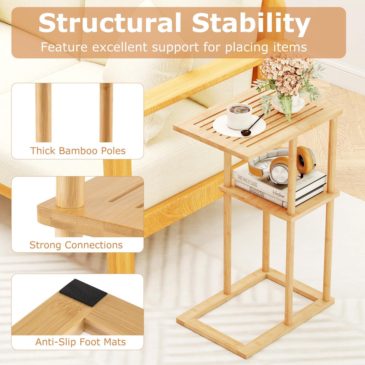 Goflame Side Table Set of 2 with Storage Shelves and Bamboo Construction