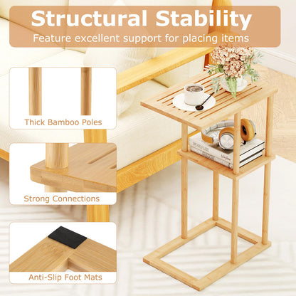 Goflame Side Table Set of 2 with Storage Shelves and Bamboo Construction