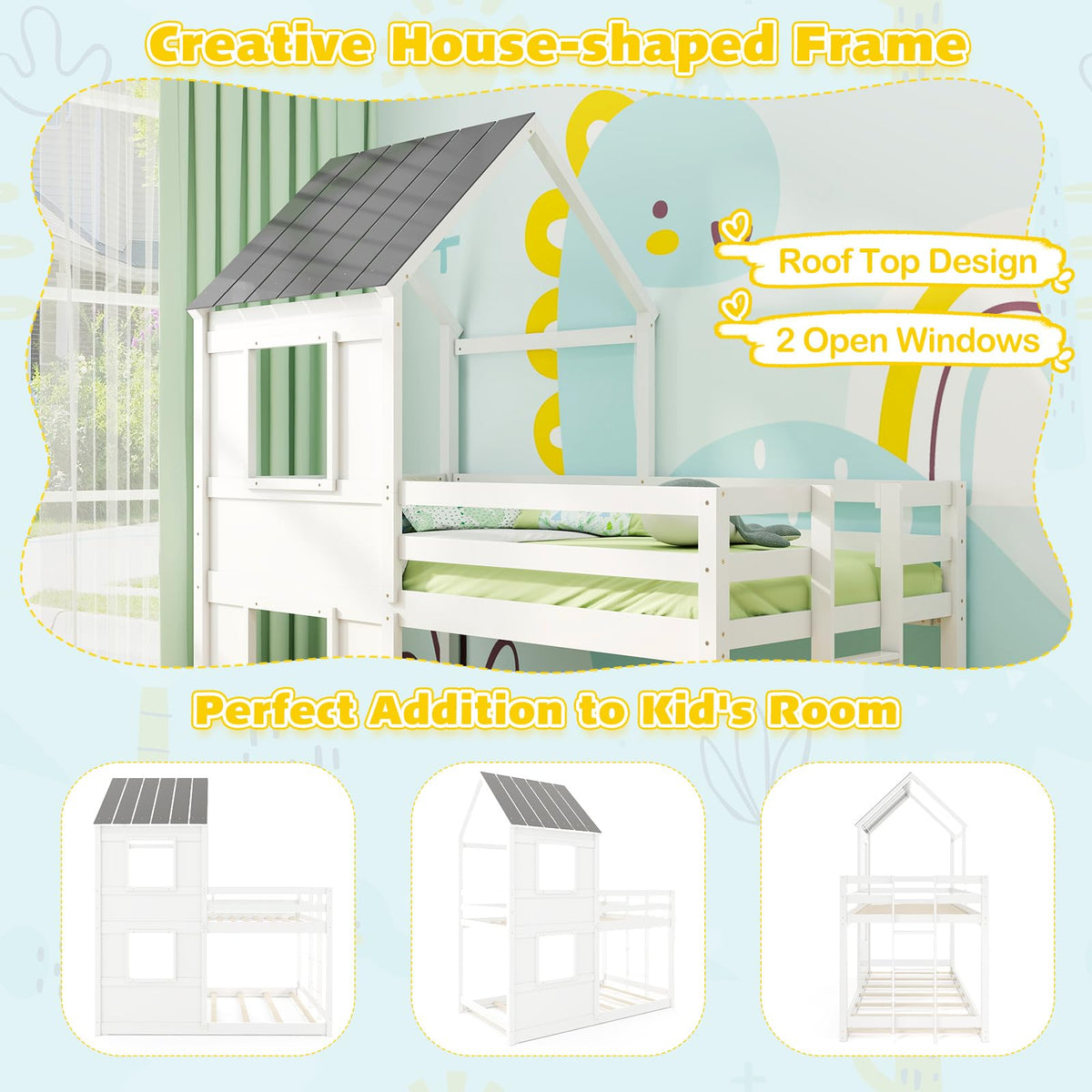Goflame House Bunk Bed Twin Over Twin, Solid Wood Floor Bunk Bed with Built in Ladder, Window & Safety Guardrail
