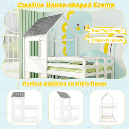 Goflame House Bunk Bed Twin Over Twin, Solid Wood Floor Bunk Bed with Built in Ladder, Window & Safety Guardrail