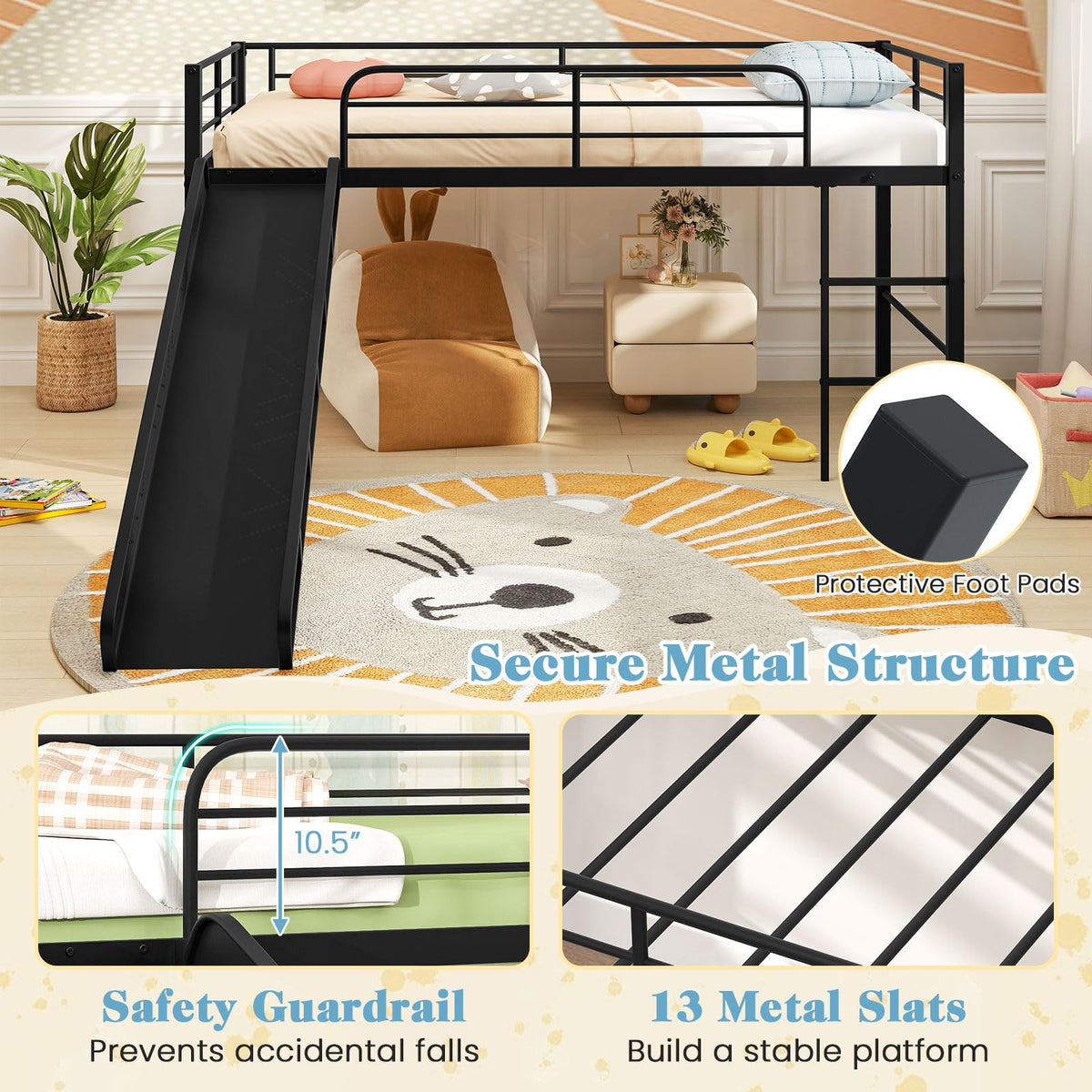 Goflame Low Loft Bed with Slide