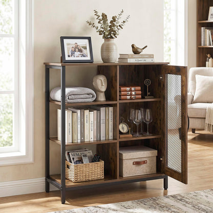 Goflame Industrial Side Cabinet with Metal Mesh Door and 3 Open Shelves