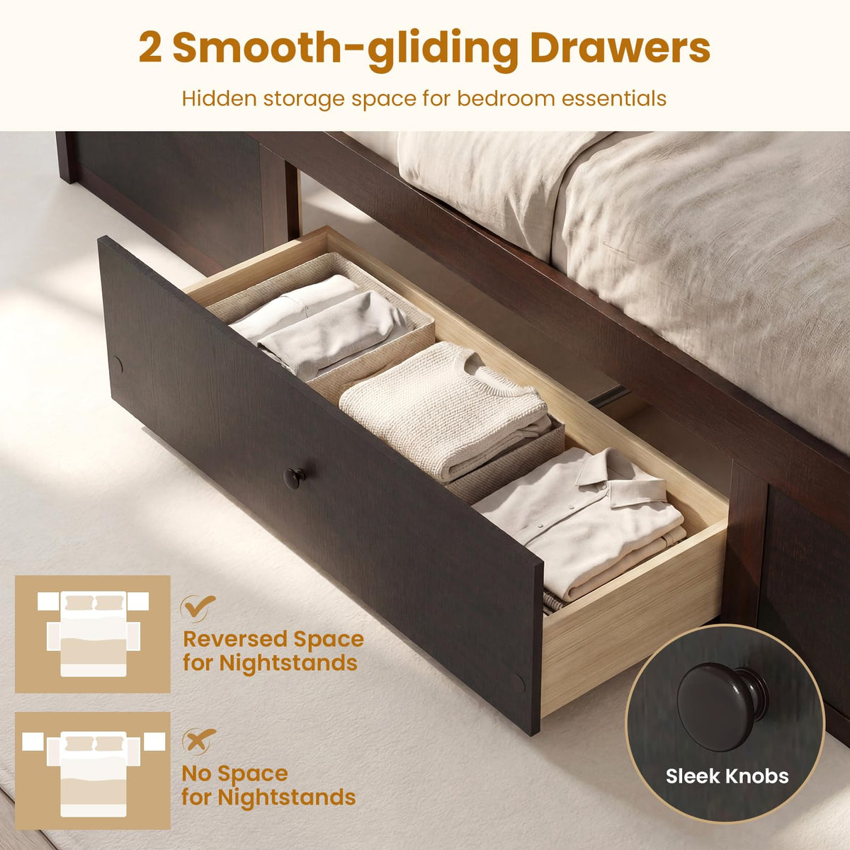 Goflame Full/Twin Size Rattan Bed Frame with 2 Storage Drawers