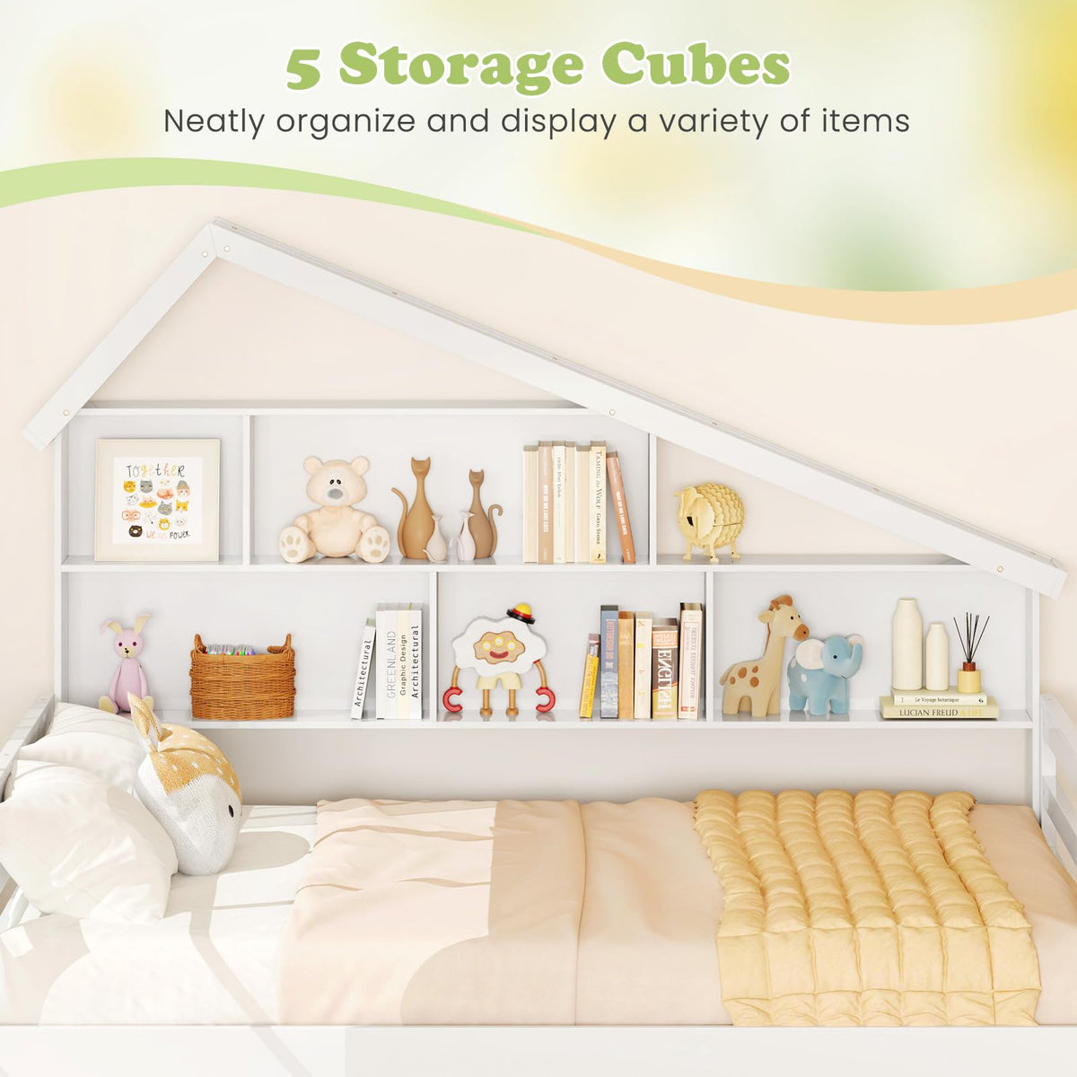 Goflame Full House Bed with Twin Trundle, Wood Daybed with 5 Cube Storage Bookcase & Headboard