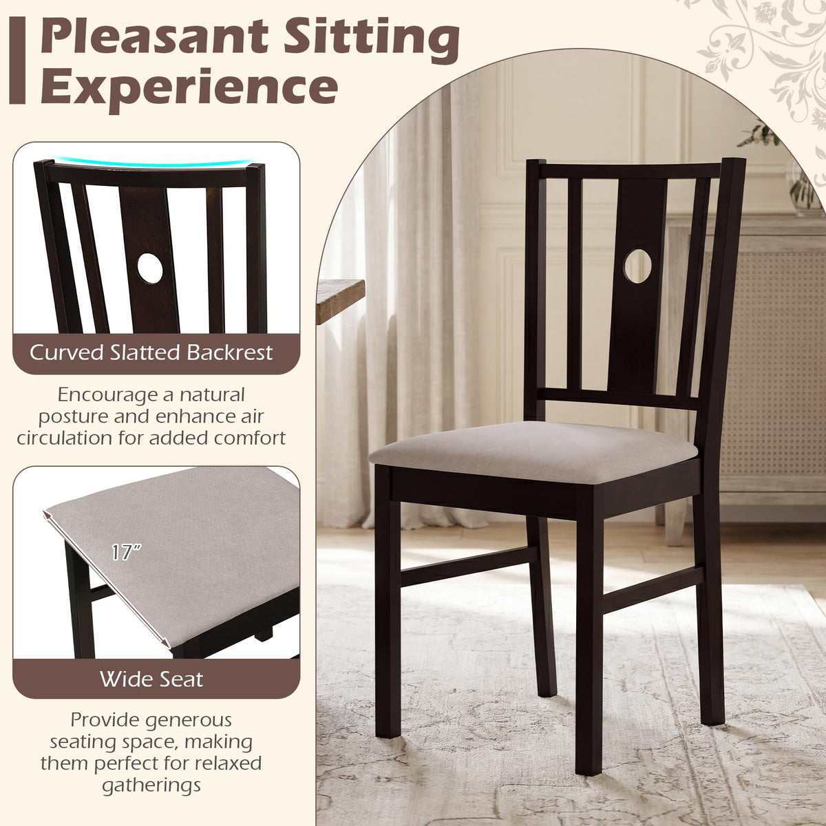 Goflame Wood Dining Chairs w/Fabric Padded Seat & Slatted Curved Back (2/4)
