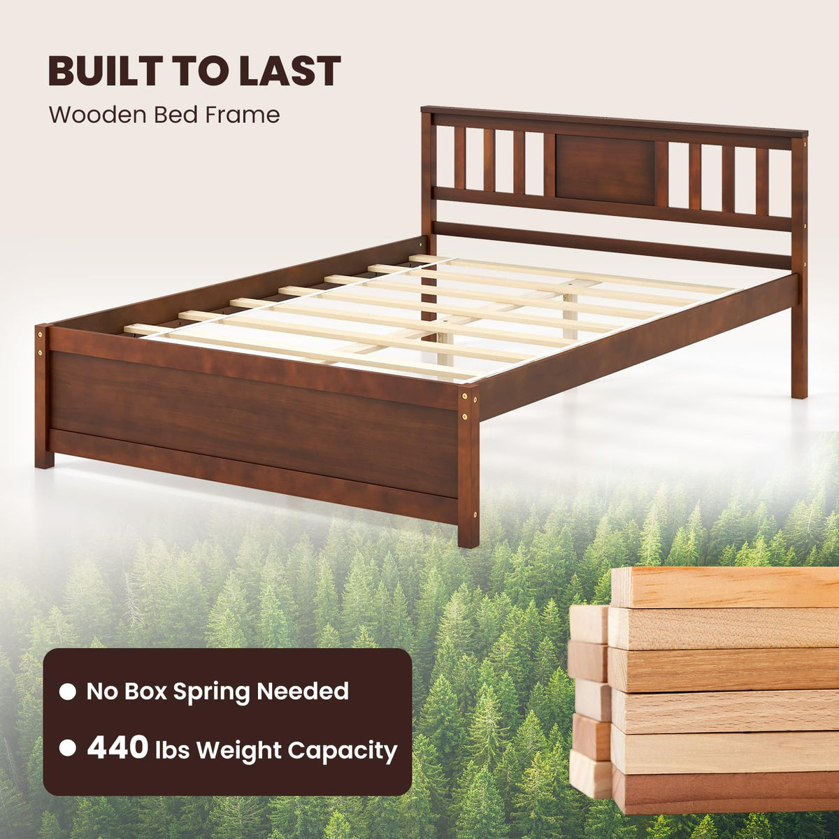 Goflame Solid Wood Platform Bed Frame, Mid Century Full Bed Frame with Headboard