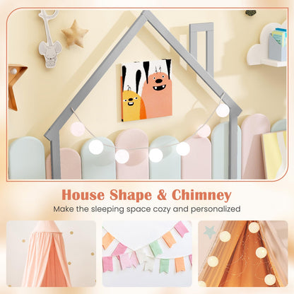 Goflame Twin Floor Bed for Kids, Wood Montessori Floor Bed with Chimney Headboard & Handrail