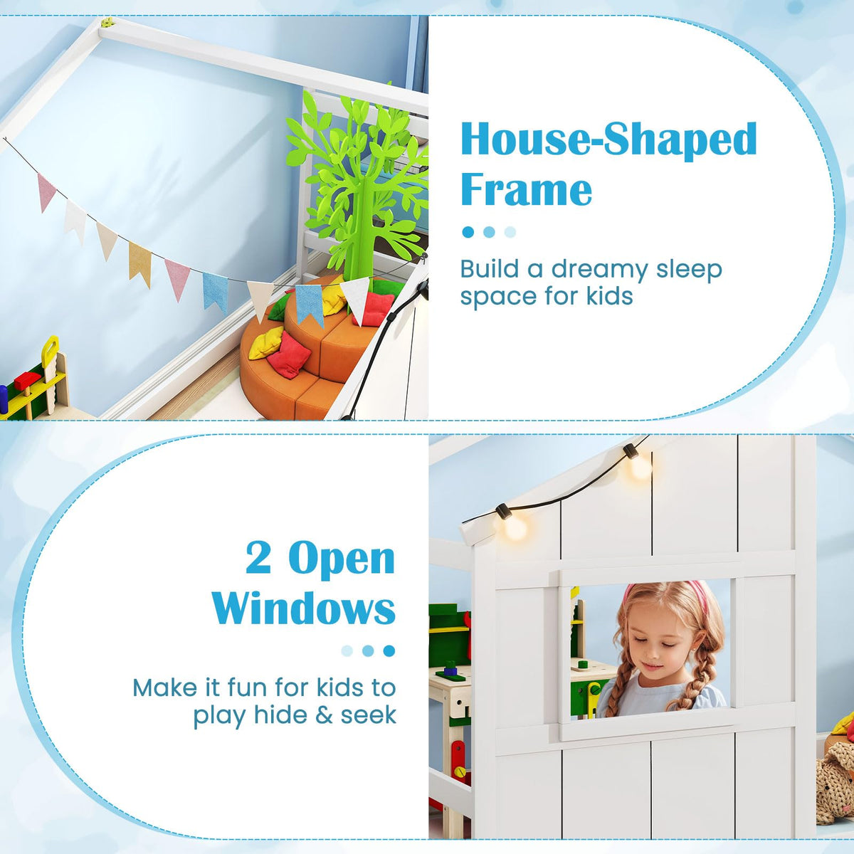 Goflame Twin Kids House Bed with Light Bulbs Wooden Montessori Floor Bed Frame with Roof & Windows