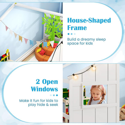 Goflame Twin Kids House Bed with Light Bulbs Wooden Montessori Floor Bed Frame with Roof & Windows